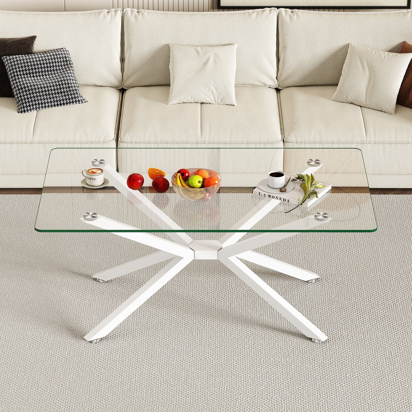 39.37 Rectangle Clear Glass Glass Coffee Table,Stylish Design With White Metal Legs, Coffee Table For Living Room