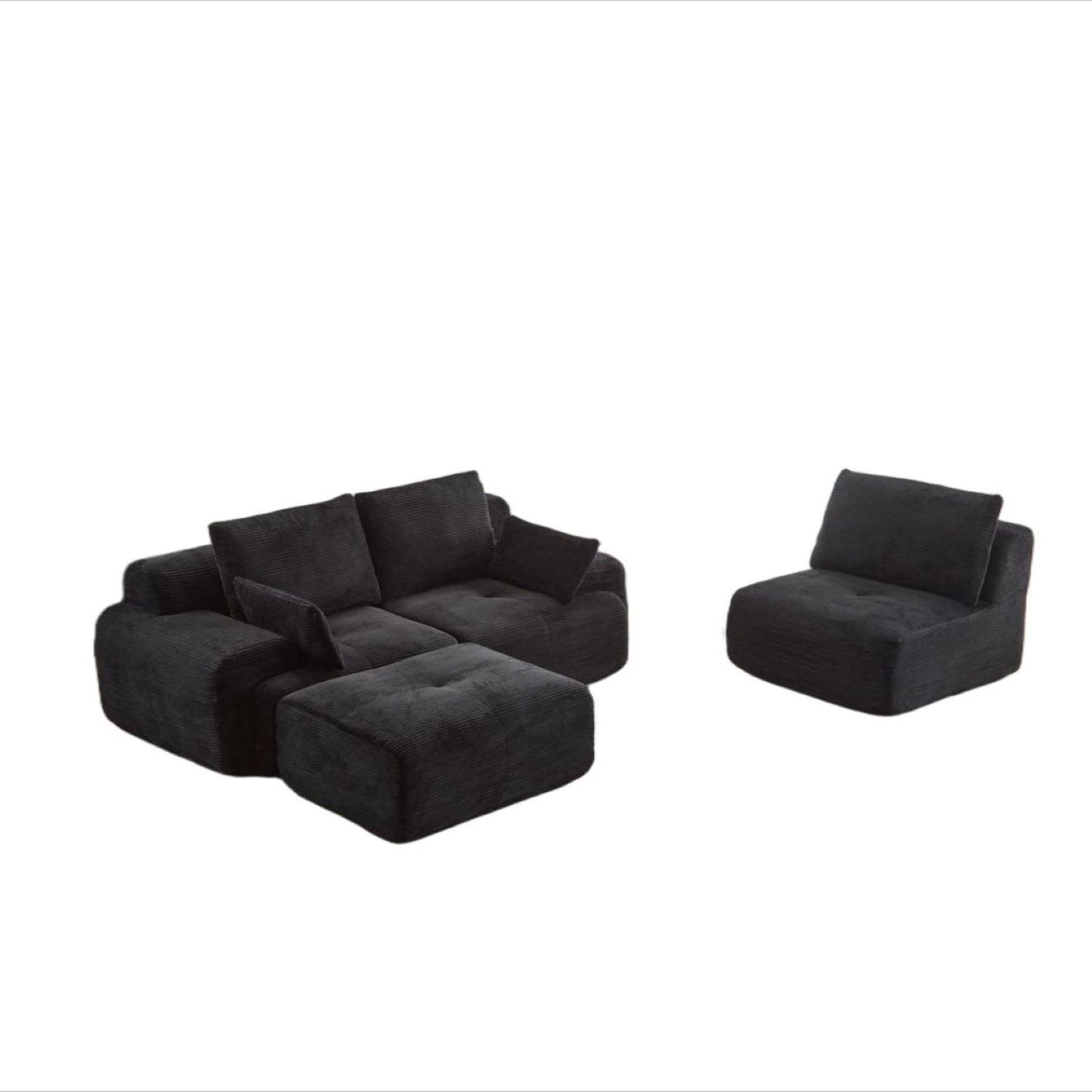 Modern Memory Foam Compressed Sofa,Large Sectional Couches For Living Room,Pet-Friendly Cloud Modular Sectional Sofa,Corduroy Fabric,Extra Deep Loveseat,No Assembly Required, Black