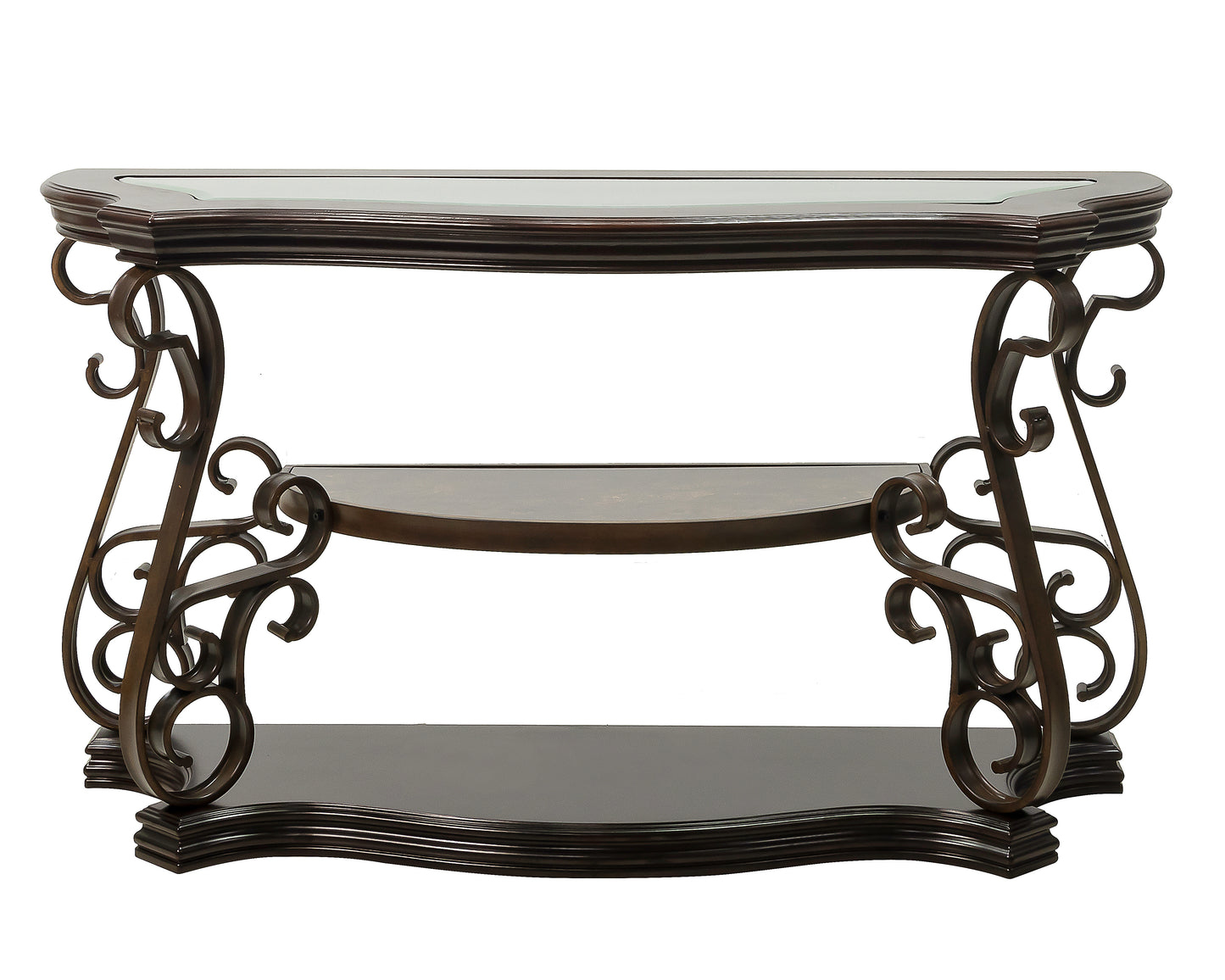 Sofa Table, Glass Table Top, MDF W Marble Paper Middle Shelf, Powder Coat Finish Metal Legs. 54Lx20Wx30H