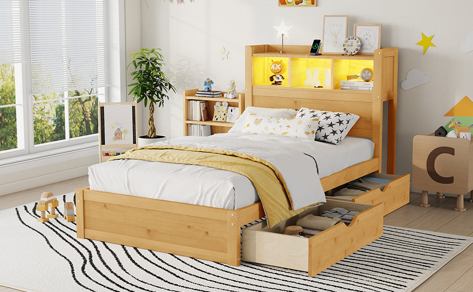 Twin Size Bed With Drawers, Wood Twin Bed With Storage Headboard And Pull Out Storage Cabinet, Wood Bed With Light And Socket, Natural Expect Arrival Date 2026 2 10