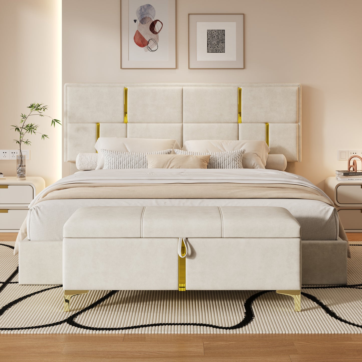 2-Pieces Bedroom Sets,Queen Size Upholstered Platform Bed With Hydraulic Storage System,Storage Ottoman With Metal Legs,Beige