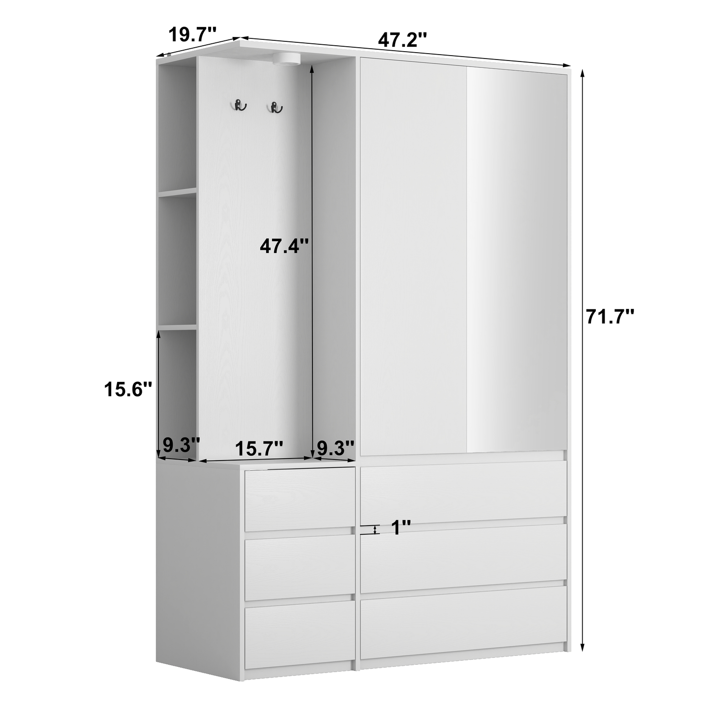 Wardrobe Closet 71.7 H, Bedroom Wooden Wardrobe With 2 Doors 6 Drawers, Modern Clothing Storage Cabinet Combination With Storage Shelves And Hanging Rail, White