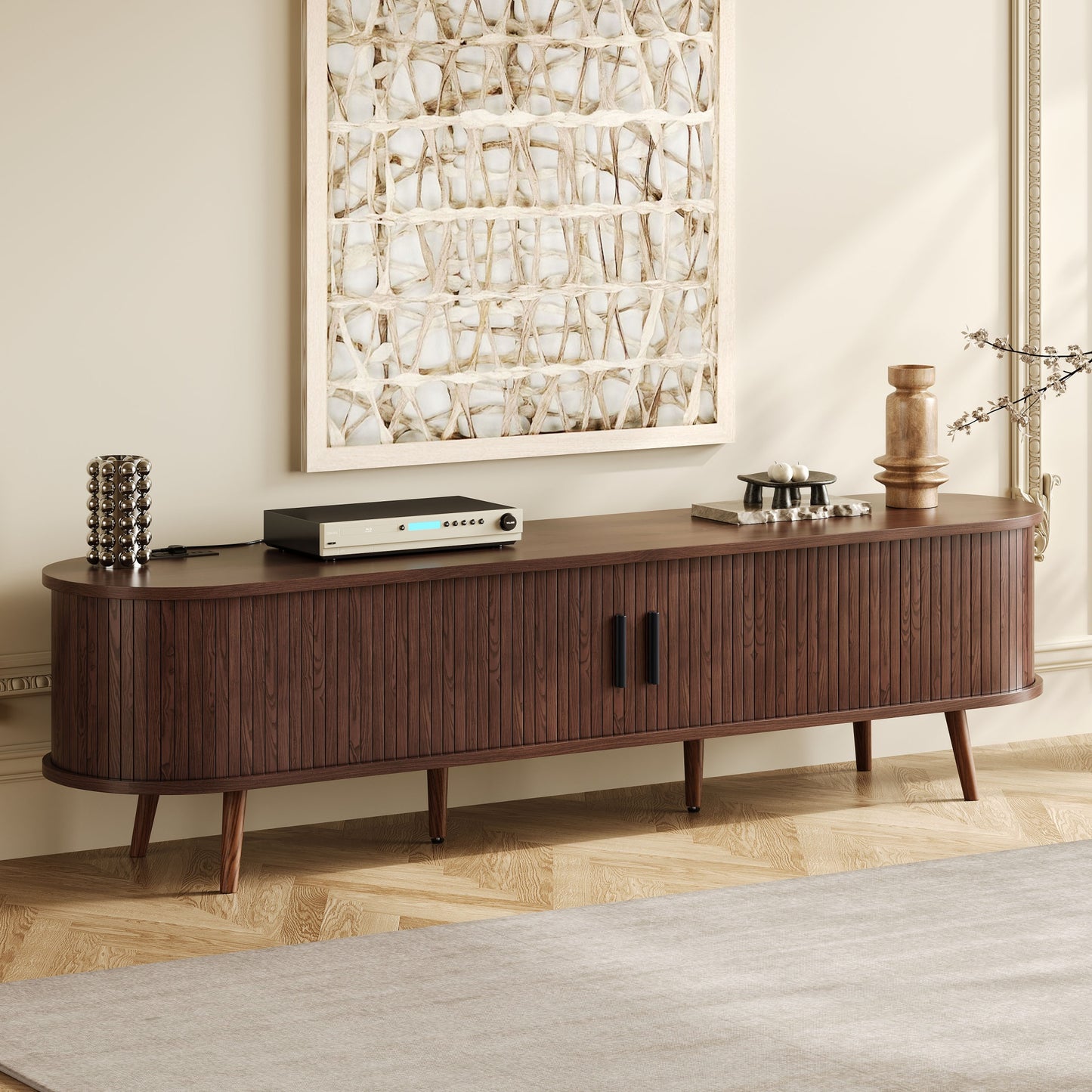 70 Inch Mid Century Modern TV Stand, TV Stand For 80 Inch TV, TV Stand With Tambour Doors, Drawers And Power Outlet, TV Consoles For Living Room, Bedroom