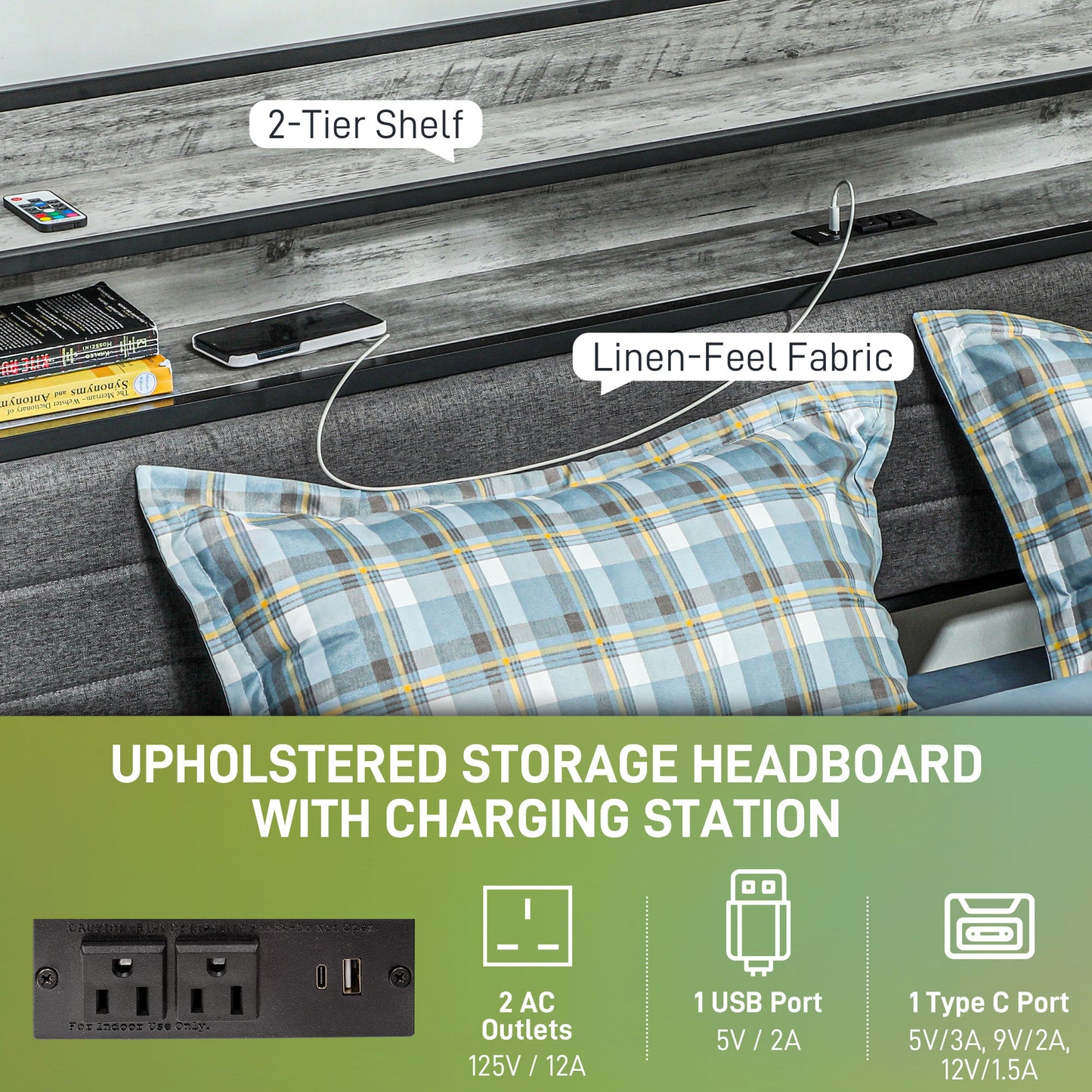 Full Bed Frame With Storage Upholstered Headboard, Full Size Bed Frame With LED Lights, Charging Station, Cement Gray