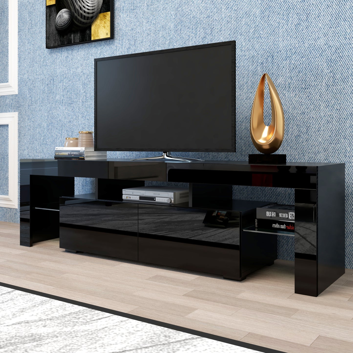 Modern Black TV Stand 20 Colors LED TV Stand W Remote Control Lights