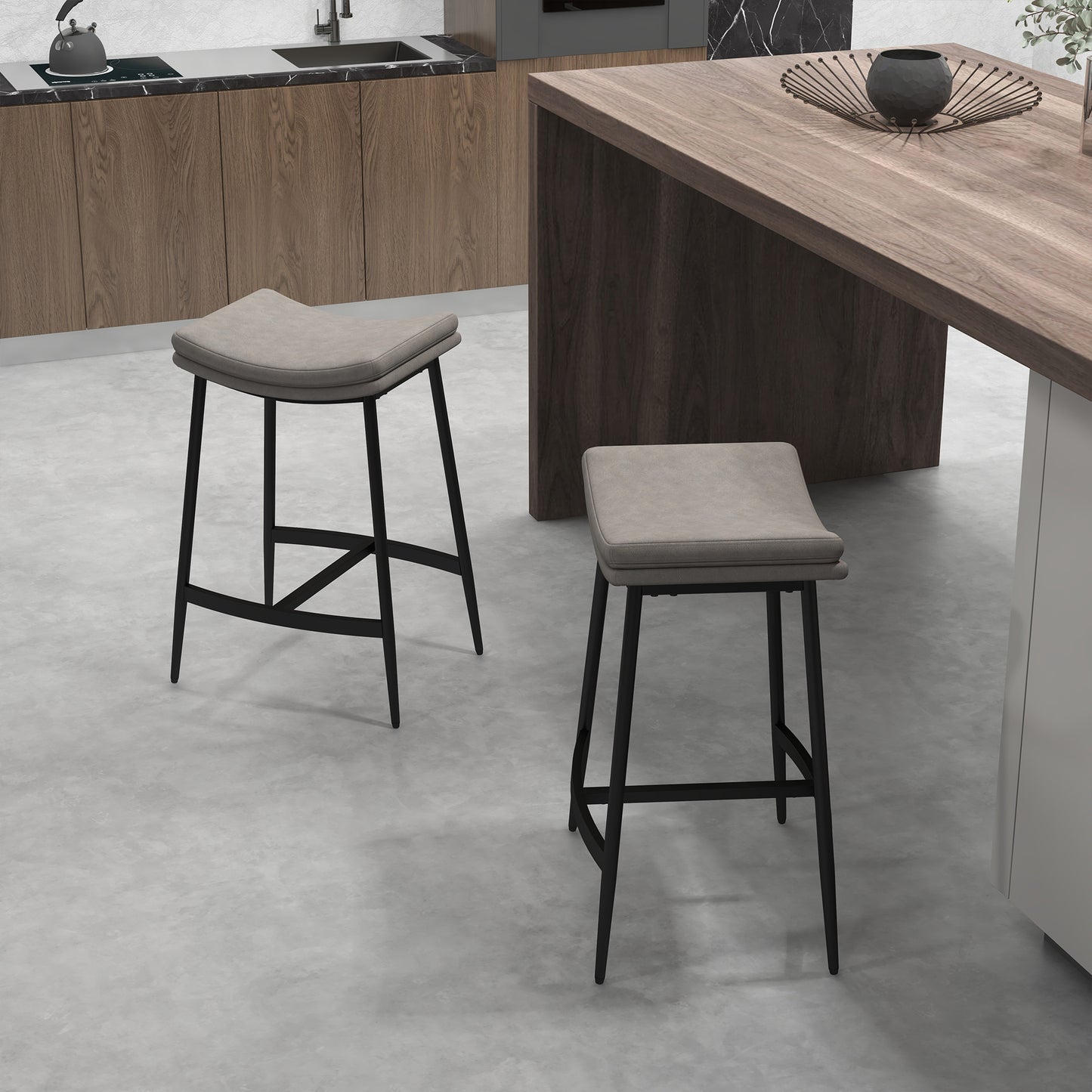 Breakfast Bar Stools Set Of 2, Microfibre Upholstered Barstools, Industrial Bar Chairs With Curved Seat And Steel Frame For Dining Room, Kitchen, Grey