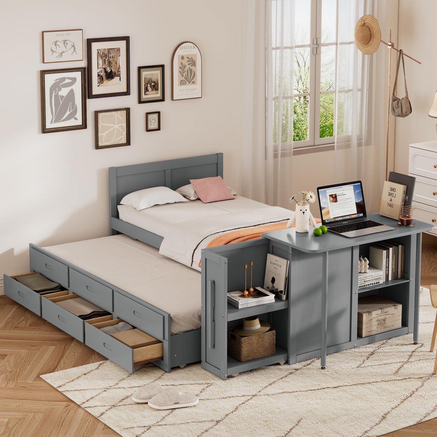 Twin Size Multifunctional Wood Platform Bed With Desk And Storage Shelf At The End Of The Bed, Built-in Trundle And 3 Drawers, Gray