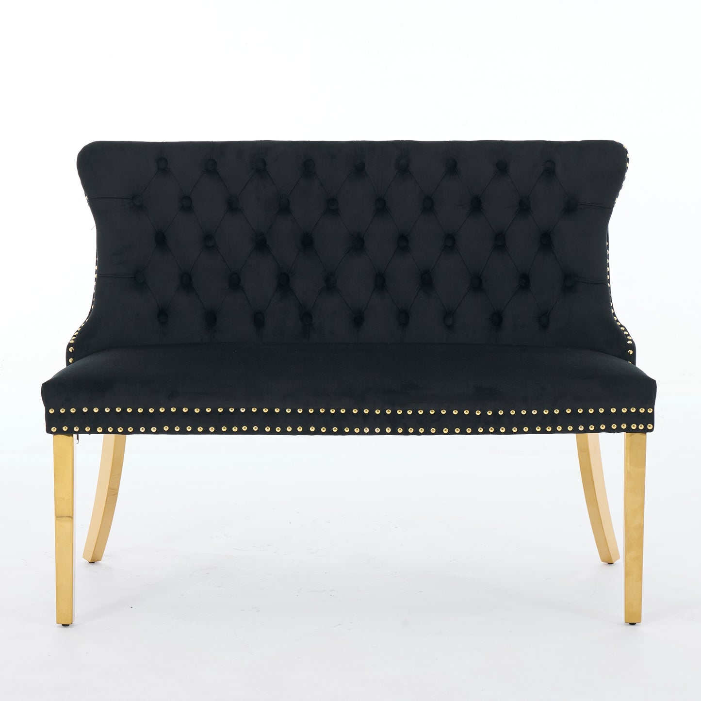 Velvet Double Dining Loveseat Bench, Kitchen & Dining Seating, 2-Seat Tufted Bench W Handmade Buttons, Wing Back, Gold-Plated Steel Legs, Mid Century Modern,Single Pack,Black