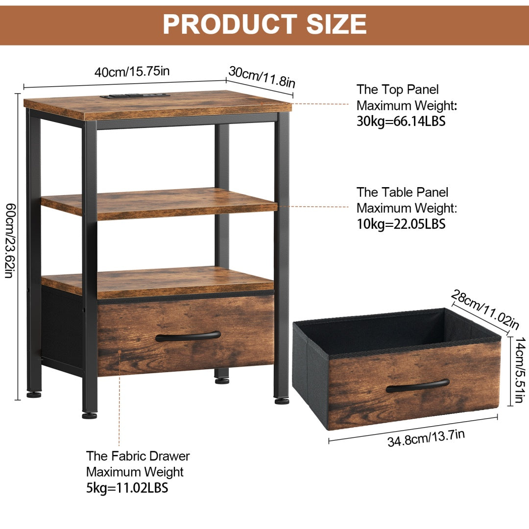 Bedside Table, With Built-in USB-C-type Port Sockets And Adjustable Drawers, 3-layer Storage Rack, And Fabric Drawers