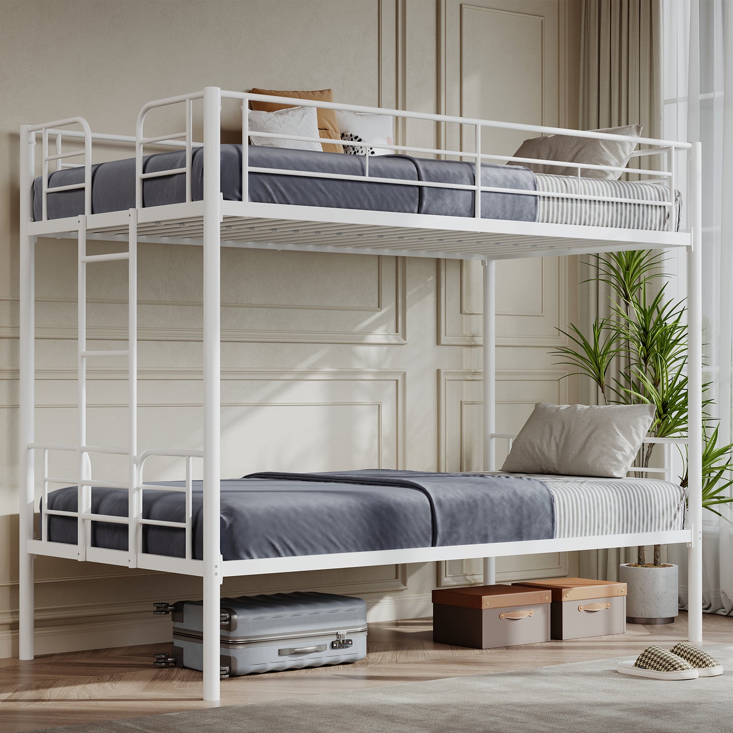 Metal Double-layer Bed With Stairs And Safety Railings, Sturdy Steel Frame, No Need For A Mattress, Double-layer Bed That Saves Space