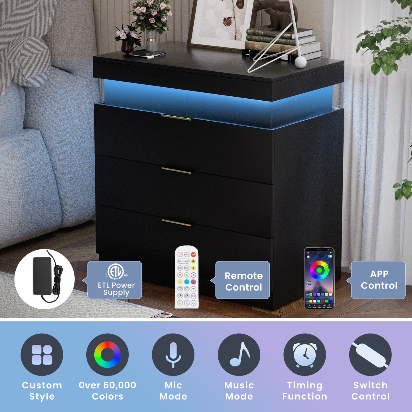 Nightstand With Charging Station And LED Lights,Night Stand With Sliding Top For Bedroom,Bedside Table With Drawers,Modern End Side Table,Black.28.8 W X 17 D X 30.5 H.