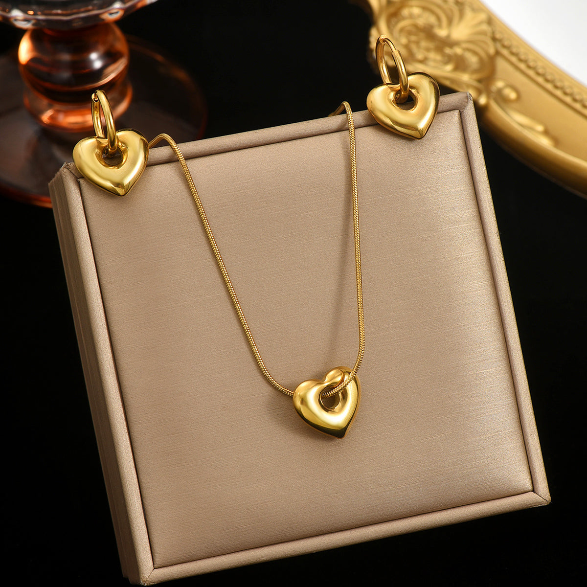 Lxalry 18K Gold Plated Stainless Steel Heart Pendant Necklace And Hoop Earrings Set For Women - Waterproof Hypoallergenic Elegant Gift For Girlfriend Birthday Wedding Anniversary Daily Wear