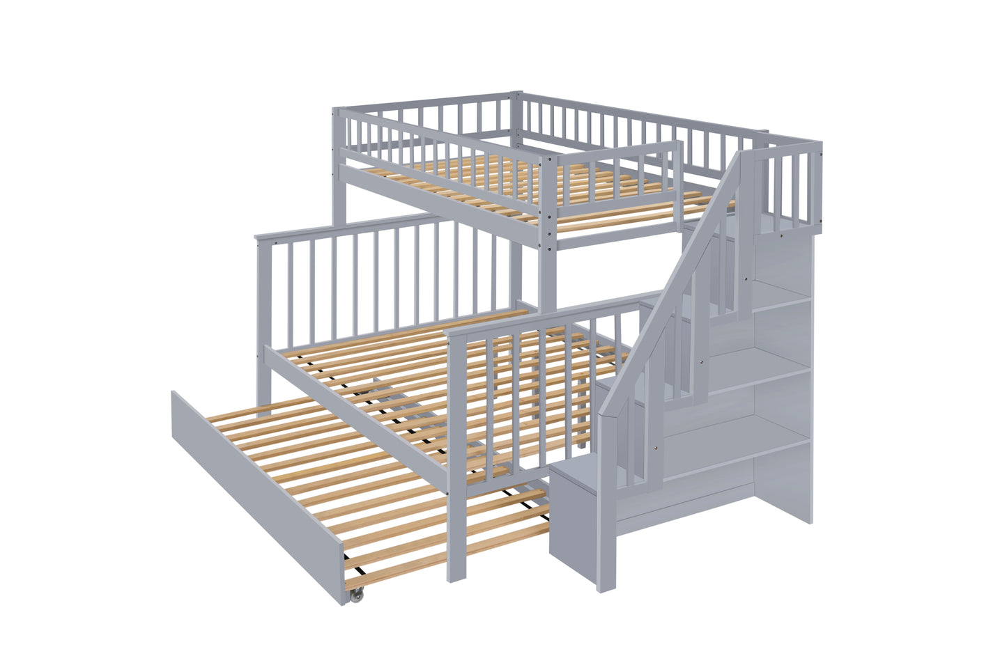 Twin Over Full Stairway Bunk Bed With Trundle,Gray