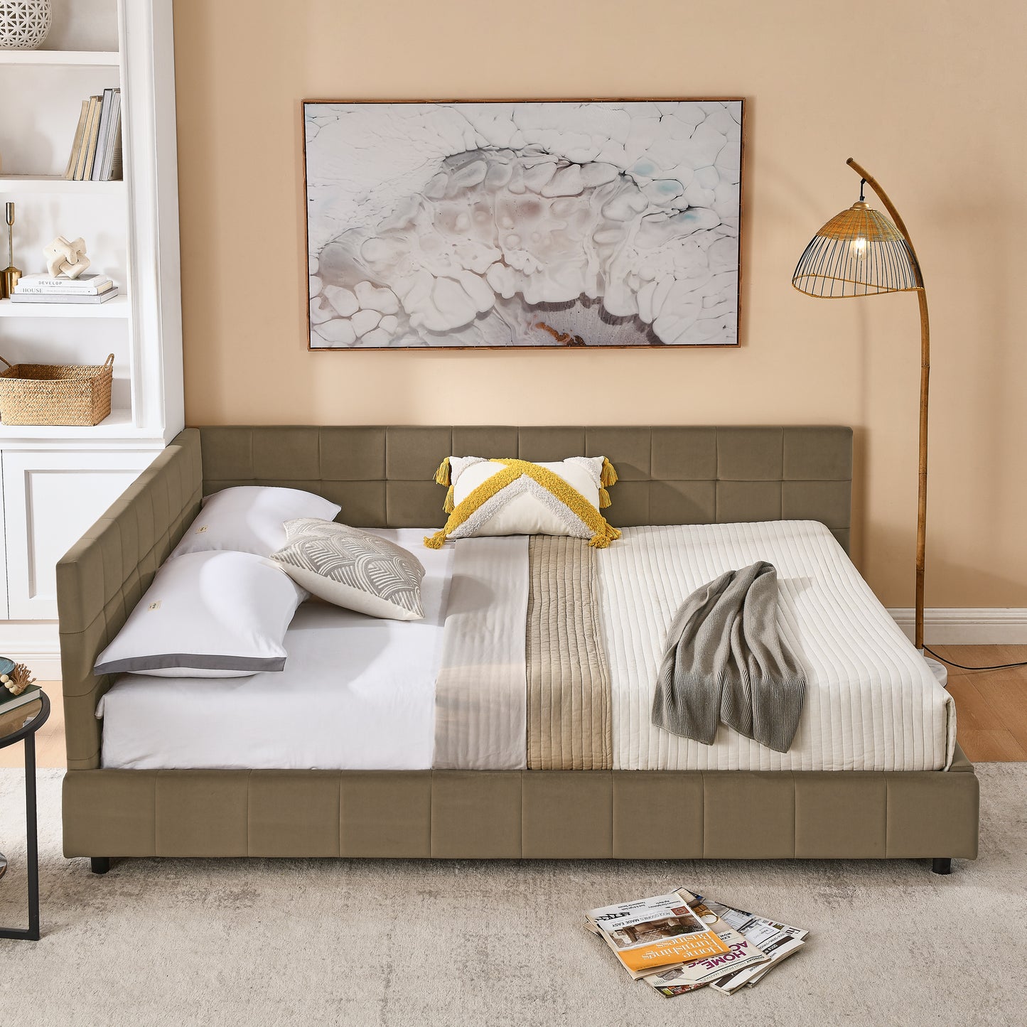Queen Size Upholstered Tufted Bed Frame, Sofa Bed Frame With Comfortable Backrest And Armrests, Queen Size Bed For Bedroom, Living Room,Velvet, Brown 85.5x64.5x30.5