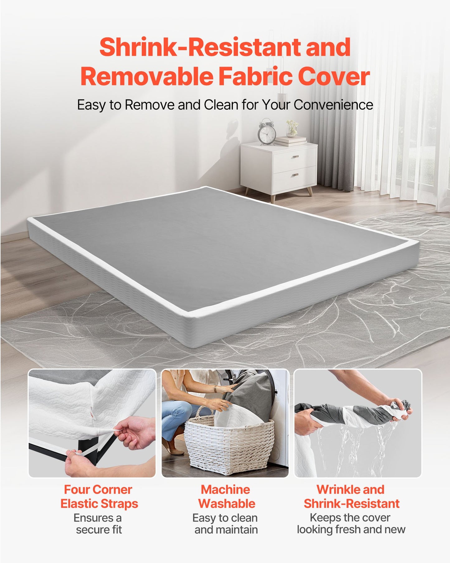 Box Spring, Queen Size Bed Frame With Washable Fabric Cloth, Heavy Duty Metal Frame For Queen Bed, 5.1 In Mattress Foundation, 3500 Lbs Max Weight Capacity, Easy Assembly, 79.1 X 59.6 X 5.1 In