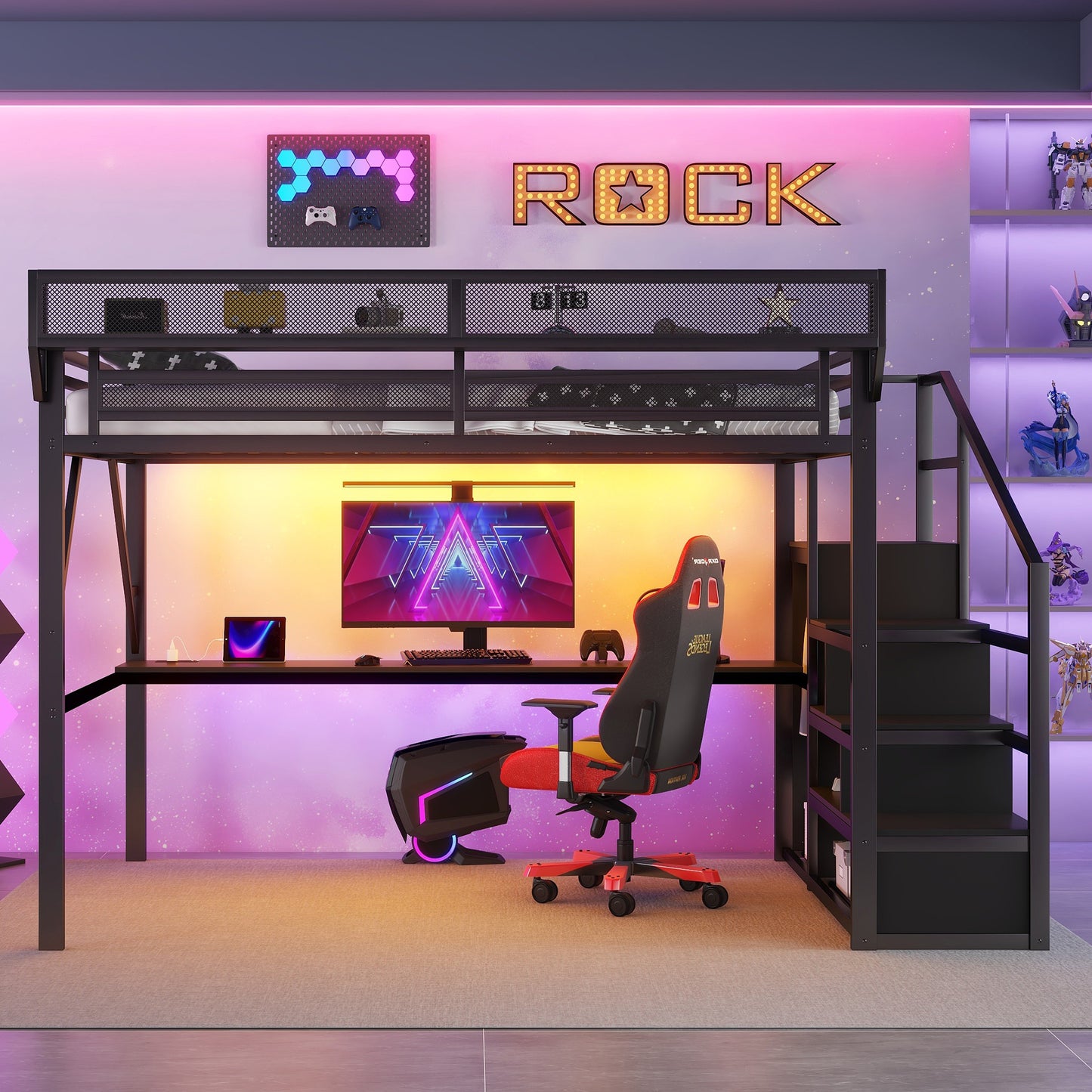 Queen Loft Bed With Desk And Charging Station, Queen Size Metal Loft Bed With Stairs And Light For Kids Teens, Black