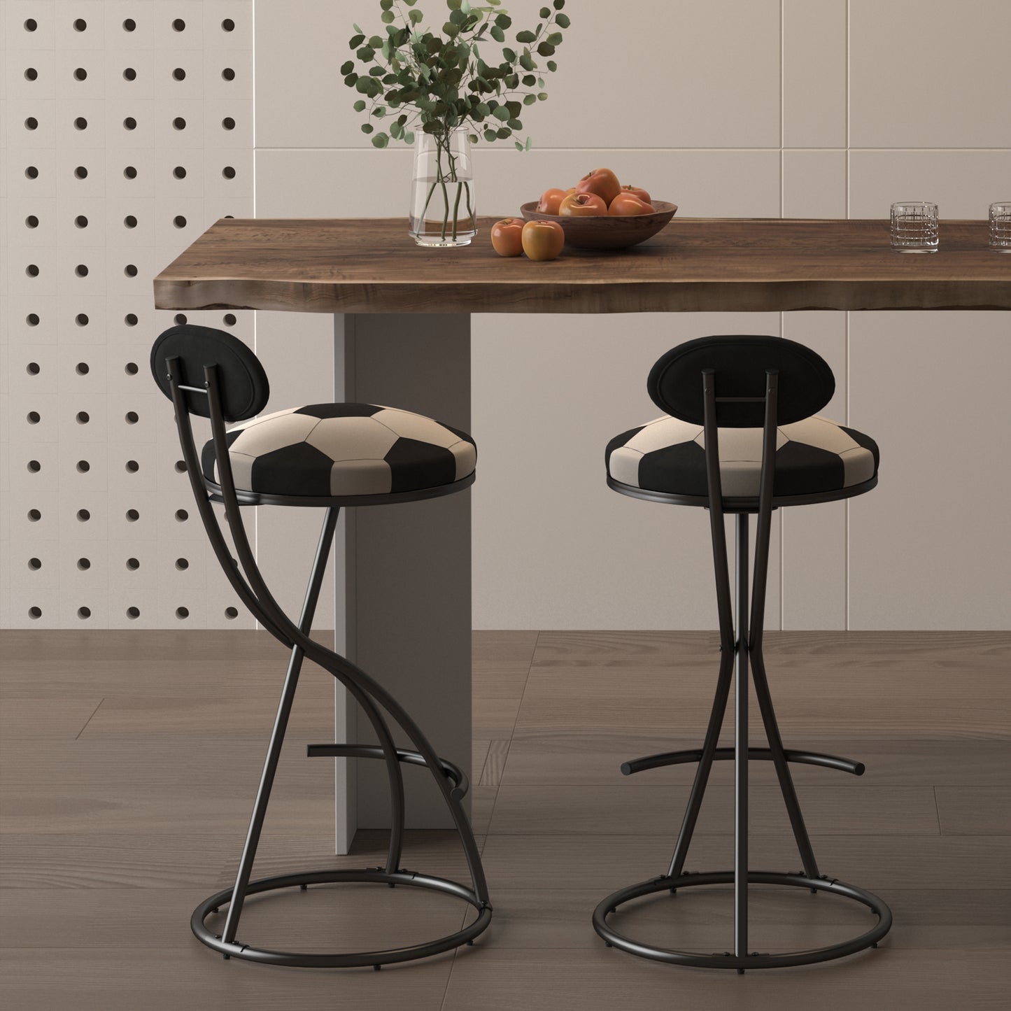 Upholstered S-shaped Barstools Set Of 2 Velvet Counter Bar Stools Football Print Round Dining Stool For Kitchen & Living Room Black Frame Black Back
