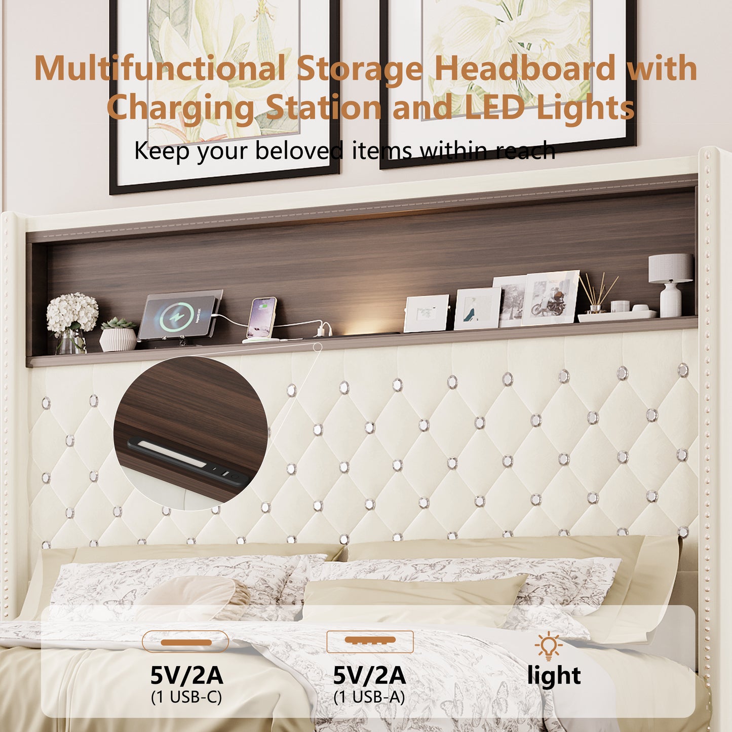 Queen Size Velvet Tufted Soft Bed Frame With USB Port And Night Light,52'' High Headboard With Rivet Decoration, Wing-back Platform Bed With Headboard Shelf, Beige