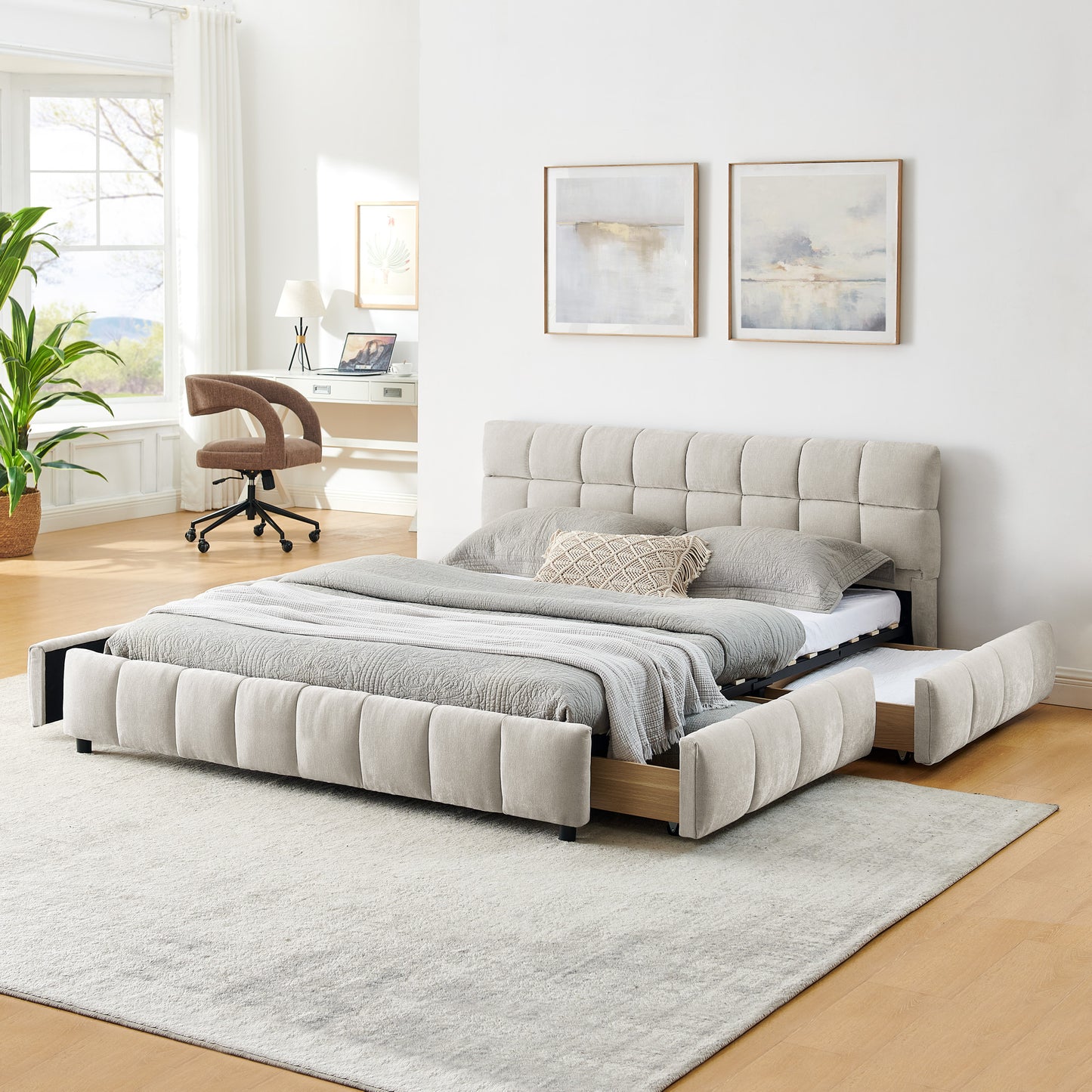 Queen Size Upholstered Bed ,comfortable Upholstered Bed Frame, Chenille Fabric, With Headboard And Solid Bed Frame. With Drawer For Storage.-Beige 88.5x68.5x31