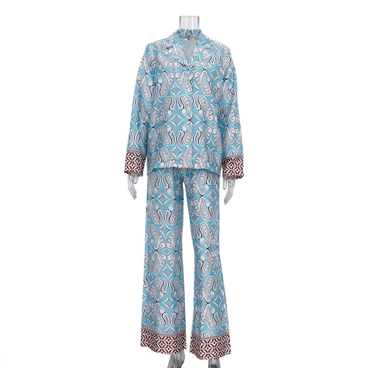 Notch-collar Long-sleeve Satin Shirt And Printed Loose-fit Pants Casual Set