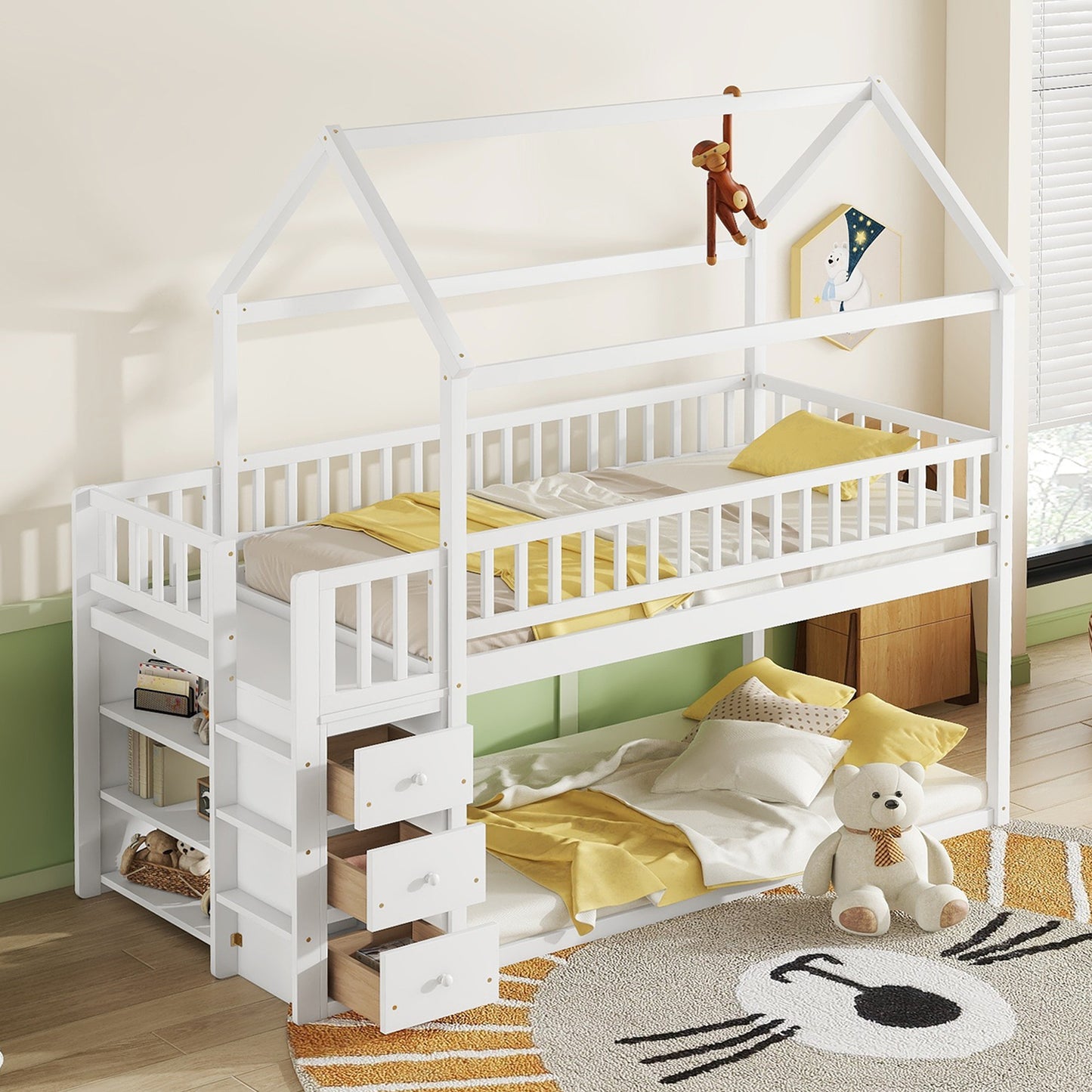 TWIN TWIN HOUSE BUNK BED WITH SHELVES AND DRAWERS FOR WHITE COLOR