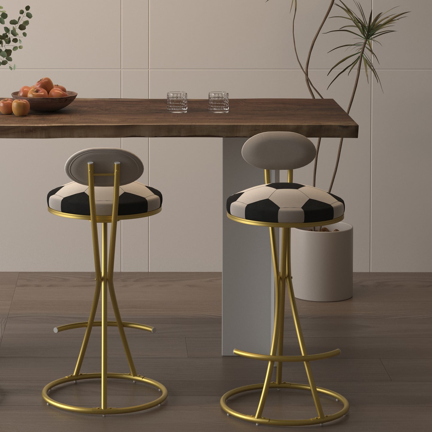 Football Print Bar Stools Set Of 2 Upholstered Counter Height Barstool For Kitchen Island S-shaped Velvet Metal Dining Chairs Gold Frame Creamy White Back
