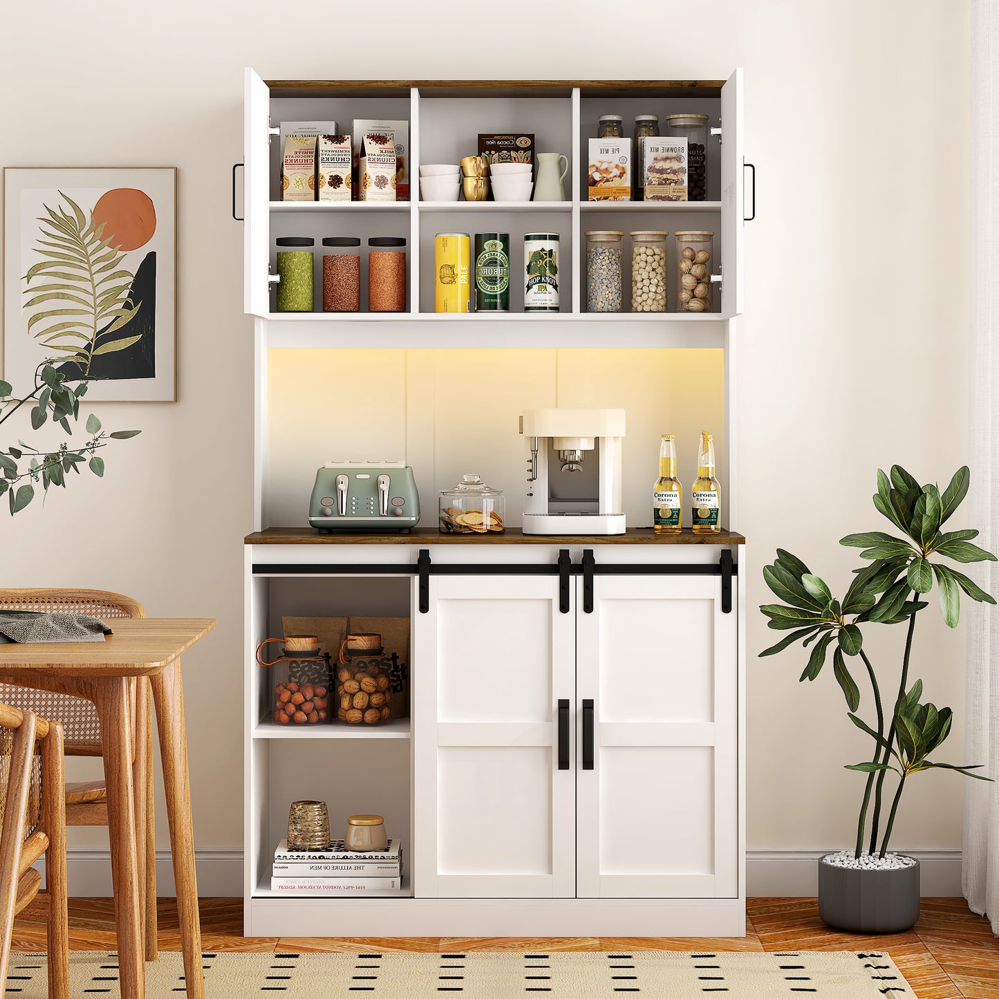 Farmhouse Bar Cabinet With Sliding Barn Door, Large Kitchen BuffetRustic Coffee Bar Sideboard Table,White