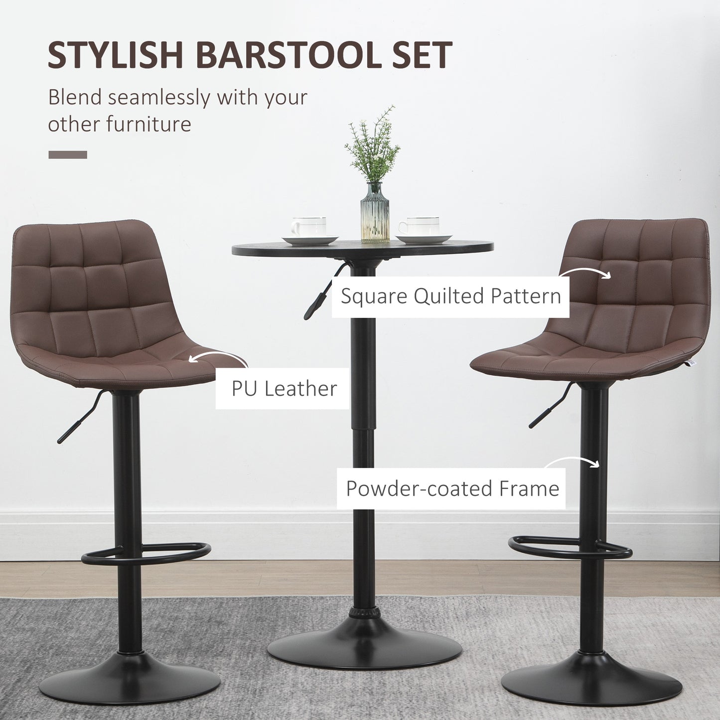 Adjustable Bar Stools Set Of 2, Swivel PU Leather Upholstered Barstools With Tufted Seat And Back, Breakfast Bar Chairs For Kitchen Counter, Brown