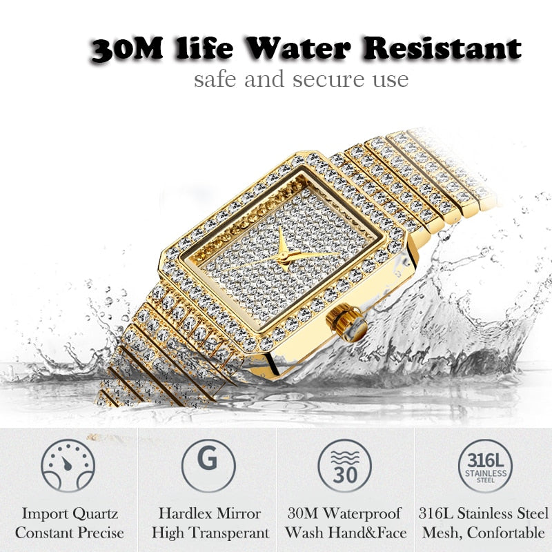 MISSFOX 2689 Diamond Watch For Women Luxury Brand Ladies Gold Square Watch Minimalist Analog Quartz Movt Unique Female Iced Out Watch