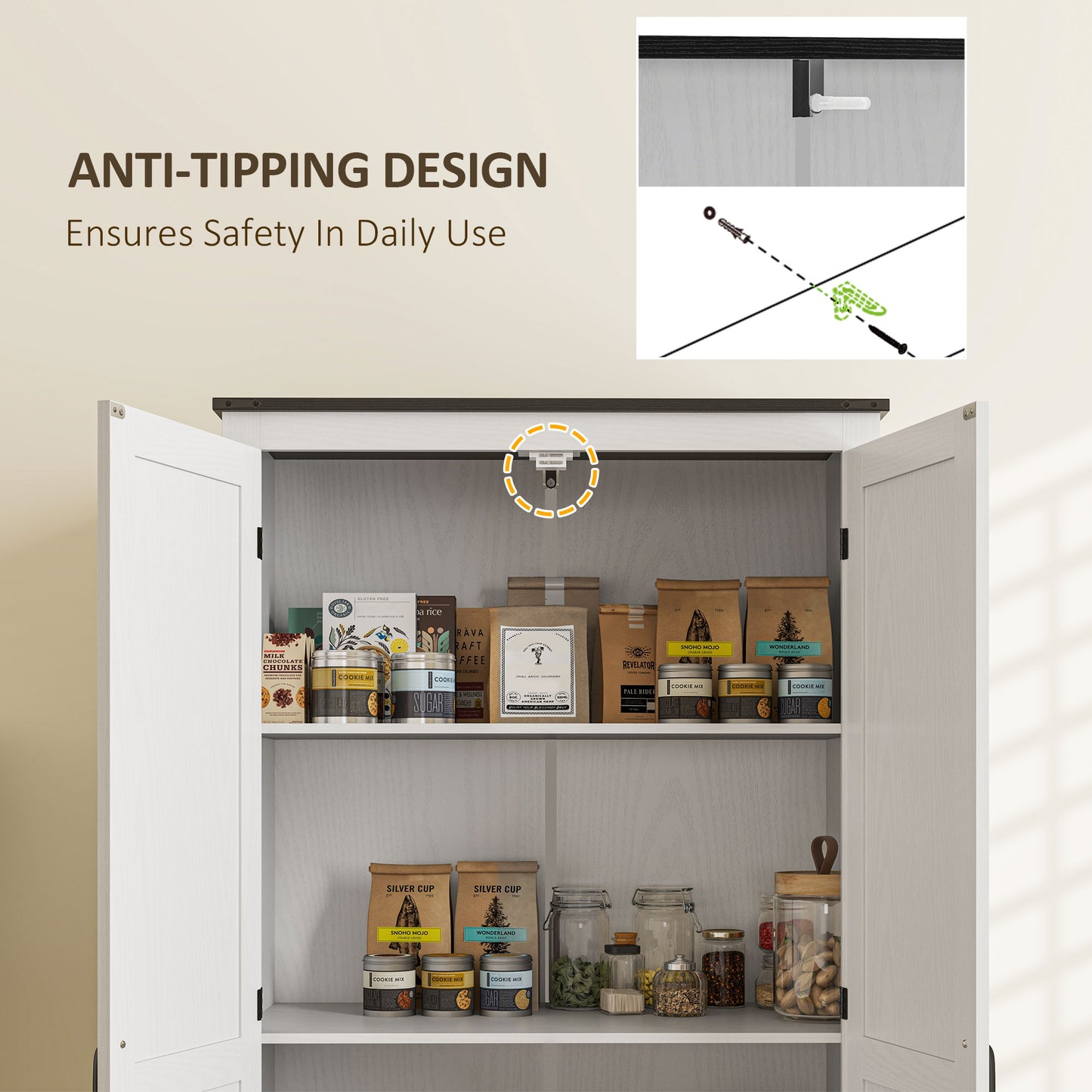 72" Farmhouse Pantry Cabinet with Adjustable Shelves, Kitchen Pantry Cabinet with 2 Doors, Distressed White