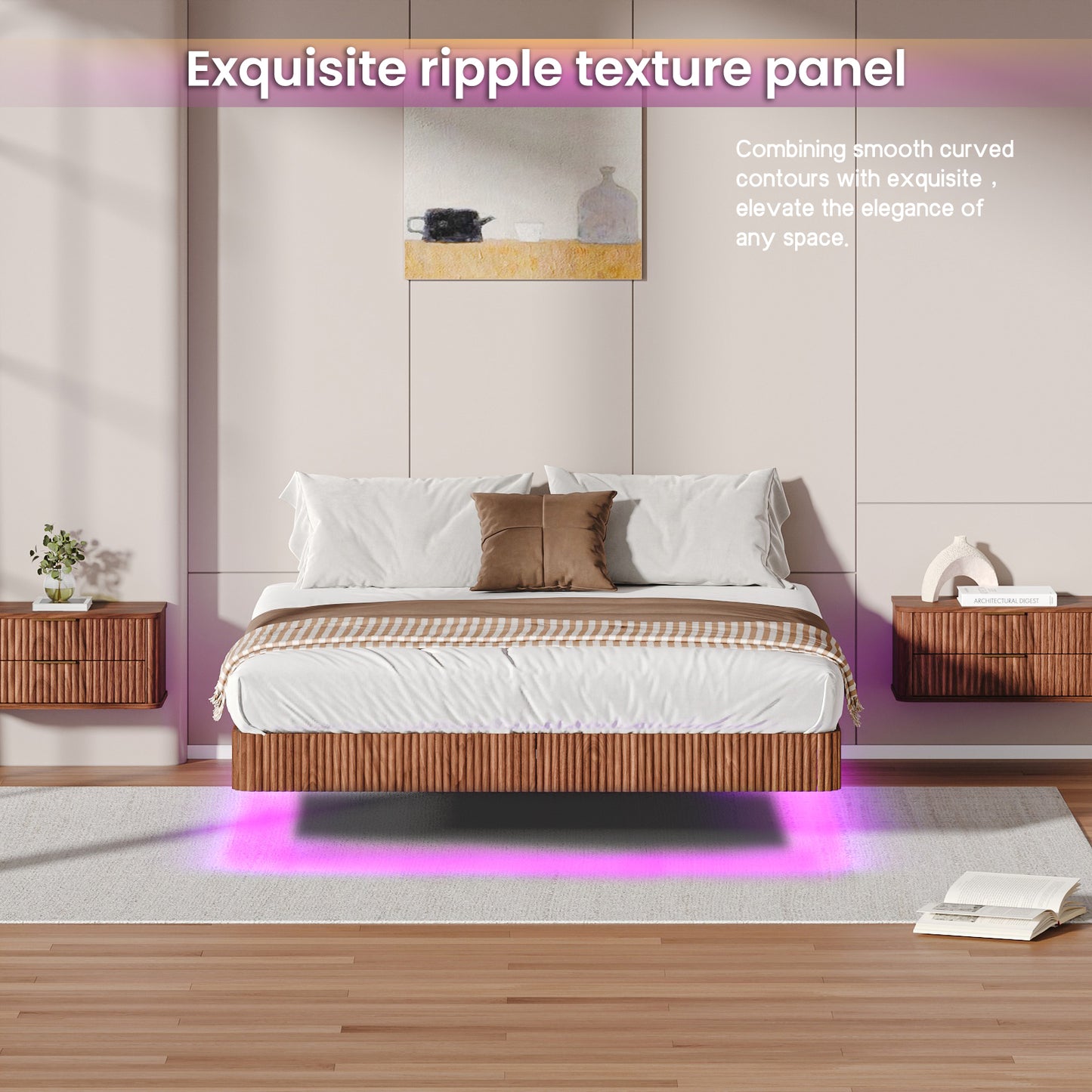 Walnut Queen Floating Bed Frame With LED Lights, Wave Curve Wood Texture Bed With Heavy Duty Metal Slats - No Box Spring Needed.