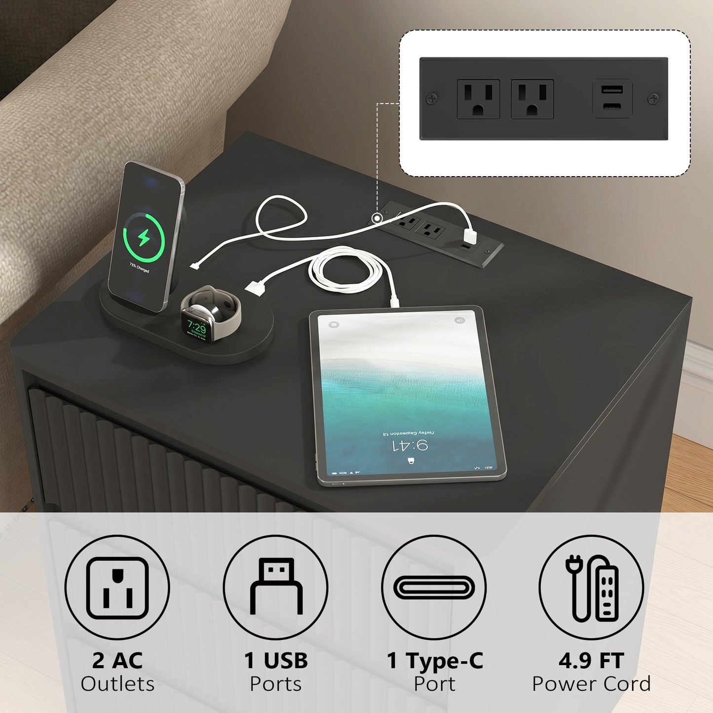 Set Of 2 End Table With Fast USB C Charging Station, Sofa Side Table With 3Drawers, Large Storage Modern Wood Storage Cabinet For Living Room,Bedroom,Office, Black