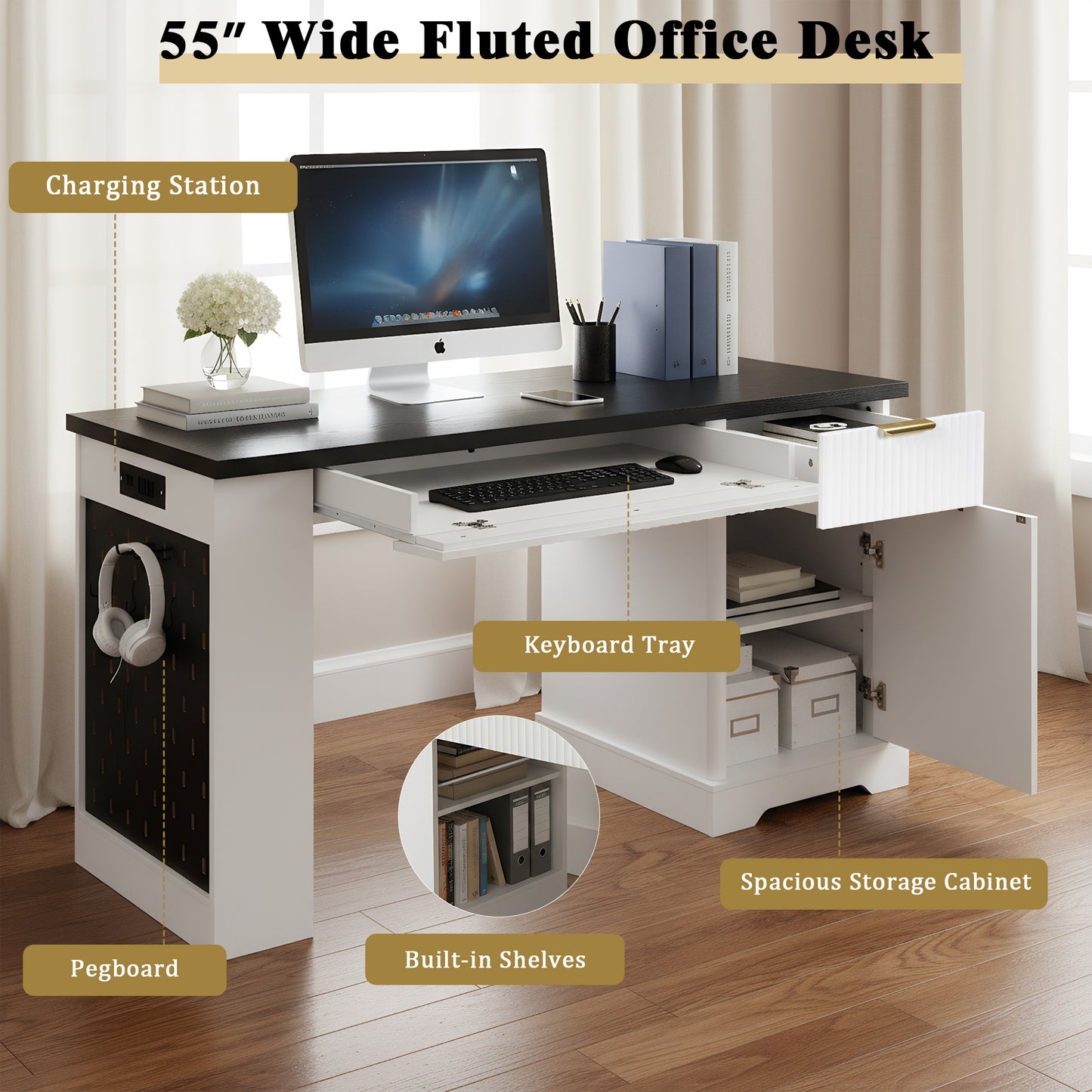 55 Modern Fluted Office Desk With Storage Cabinet Drawers, Computer Writing Desk With Power Outlet, Pegboard, Built-in Shelves And Keyboard Tray For Study, Living Room, Home Office, White