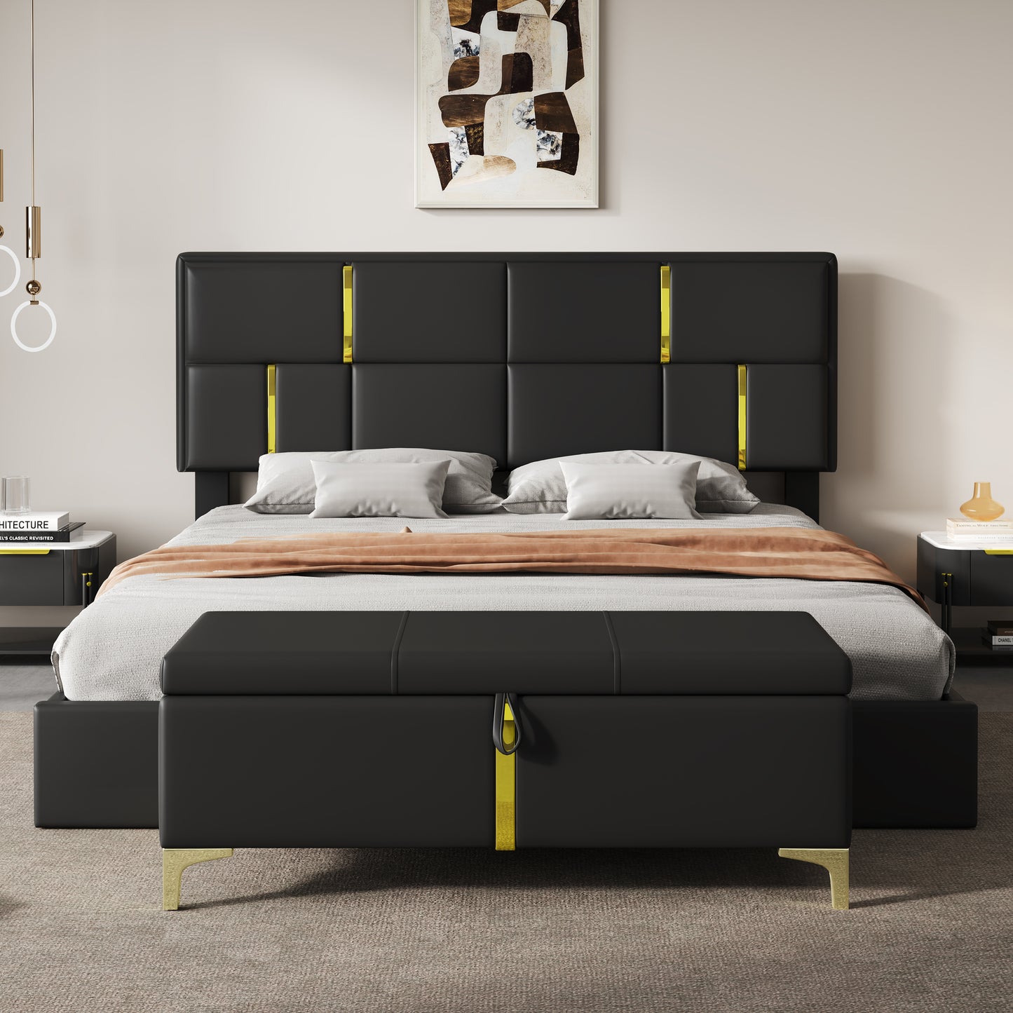 2-Pieces Bedroom Sets,Queen Size Upholstered Platform Bed With Hydraulic Storage System,Storage Ottoman With Metal Legs,Black