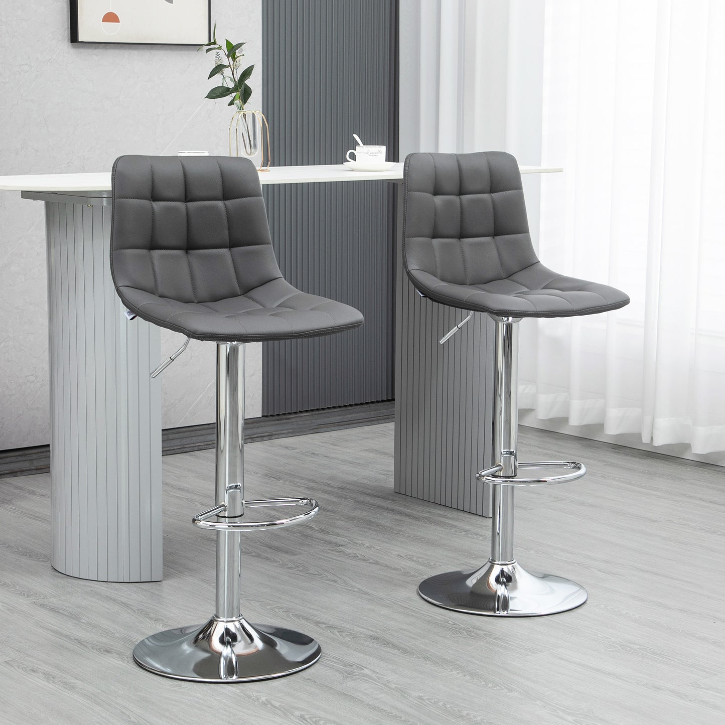 Adjustable Bar Stools Set Of 2, Swivel PU Leather Upholstered Barstools With Tufted Seat And Back, Breakfast Bar Chairs For Kitchen Counter, Grey