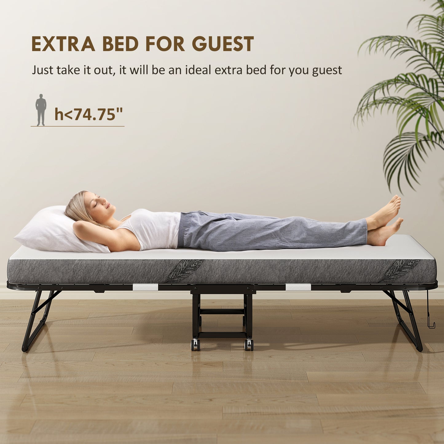 Folding Bed with Mattress for Adults, Single Size, Portable Foldable Bed with Memory Foam Mattress & Steel Frame, White