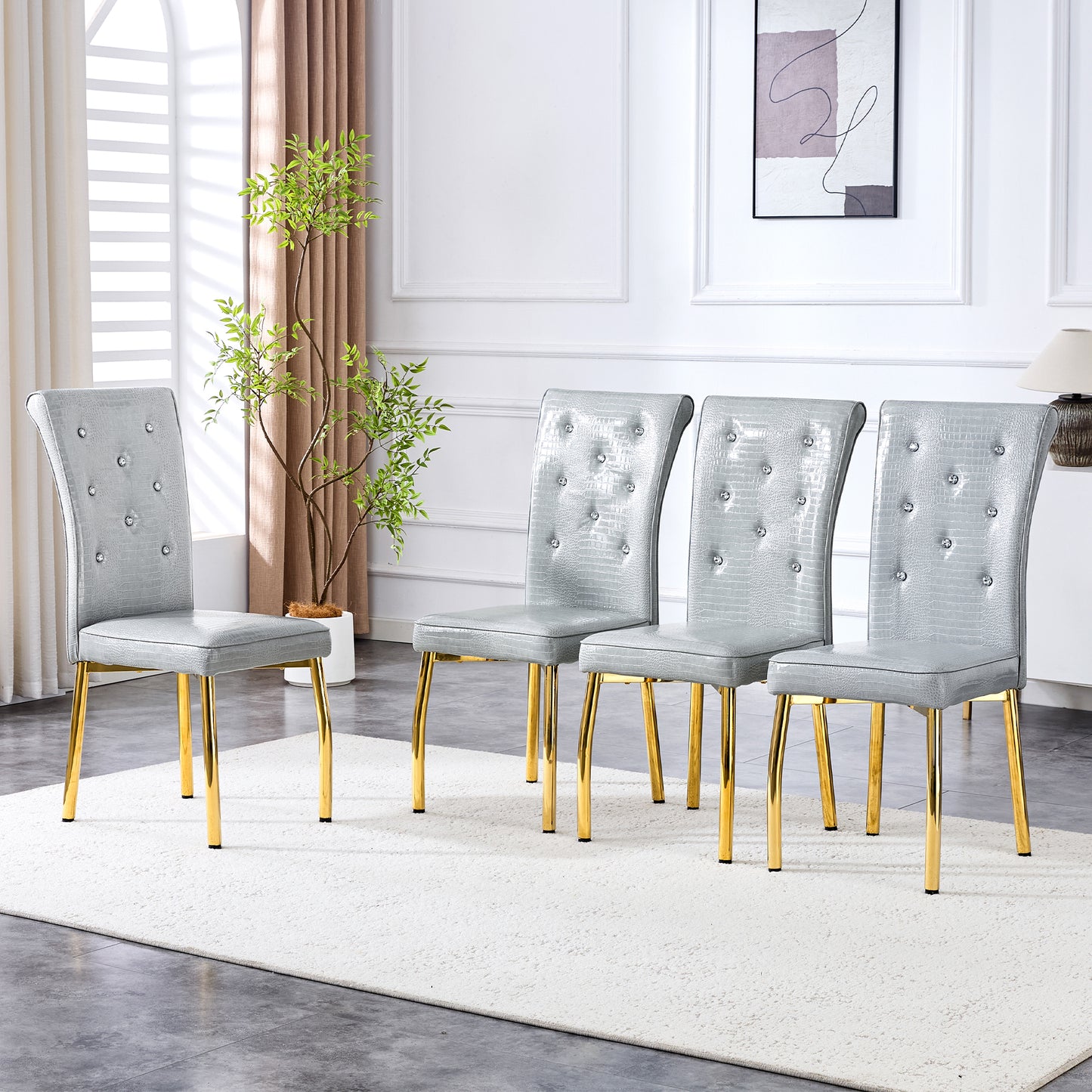A Set Of 2 Gray And Gold Vintage Crocodile Leather Cushioned Dining Chairs, Featuring Crystal Clasp Design And Artificial Leather Design, Adding A Touch Of Elegance And Mystery To The Dining Area