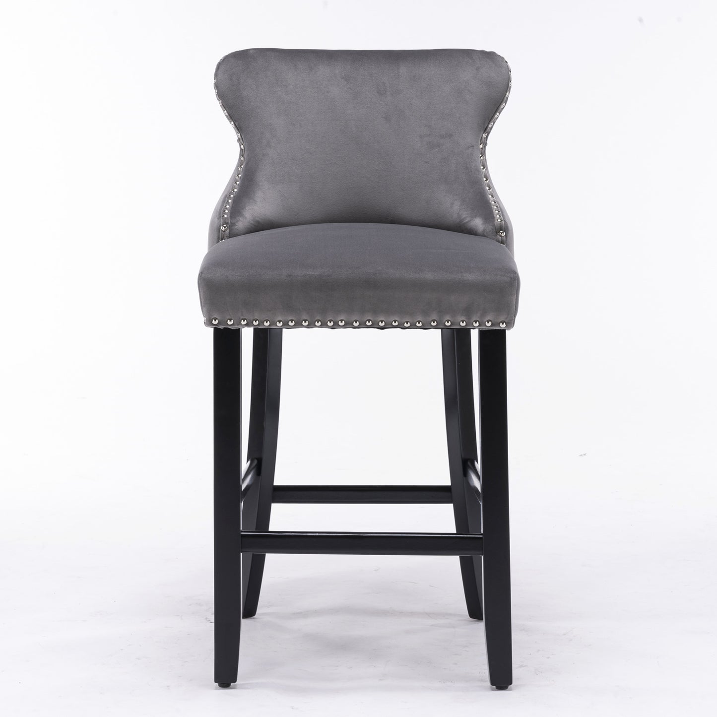 AA Furniture,Contemporary Velvet Upholstered Wing-Back Barstools With Button Tufted Decoration And Wooden Legs, And Chrome Nailhead Trim, Leisure Style Bar Chairs,Bar Stools, Set Of 2 Gray,SW1824GY