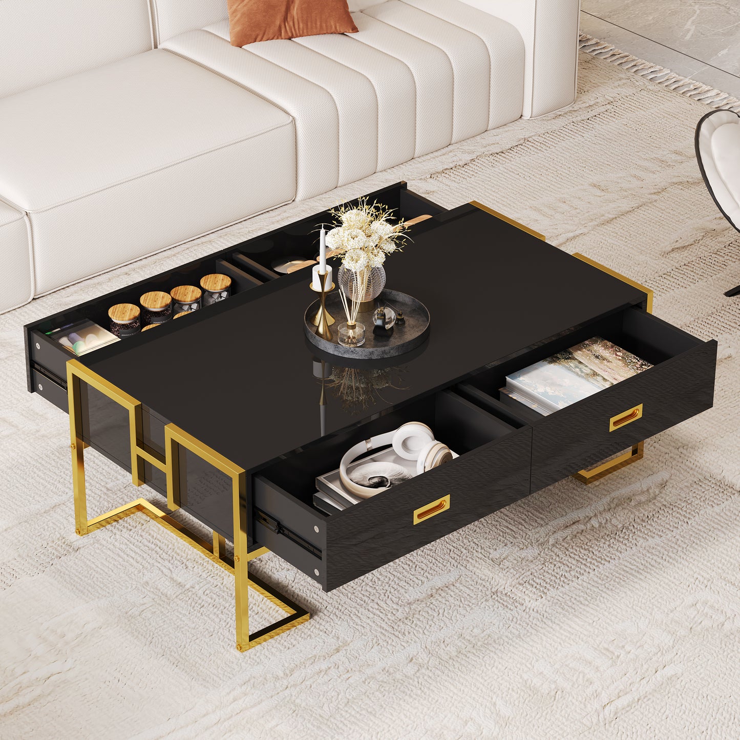 Modern Black Rectangular Coffee Table With 4 Drawers And Gold Base In 47.3