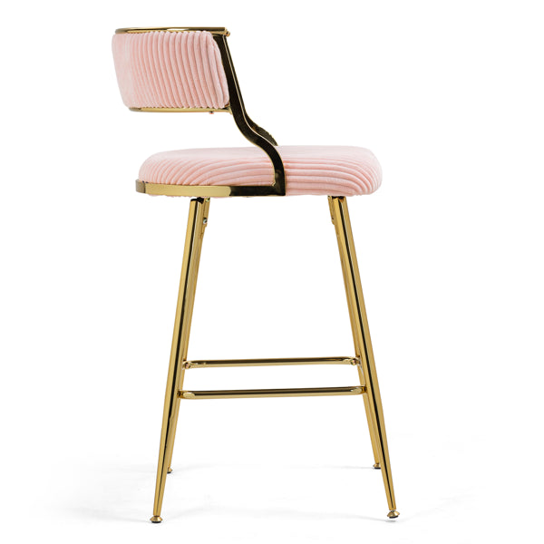 (SET Of 2) 26'' Counter Height Bar Stools Corduroy Kitchen Island Counter Bar Stool With Back,golden Chromed Base And Footrest (PINK)