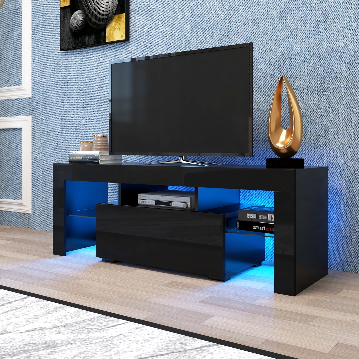 Black TV Stand With LED RGB Lights,Flat Screen TV Cabinet, Gaming Consoles - In Lounge Room, Living Room And Bedroom Black