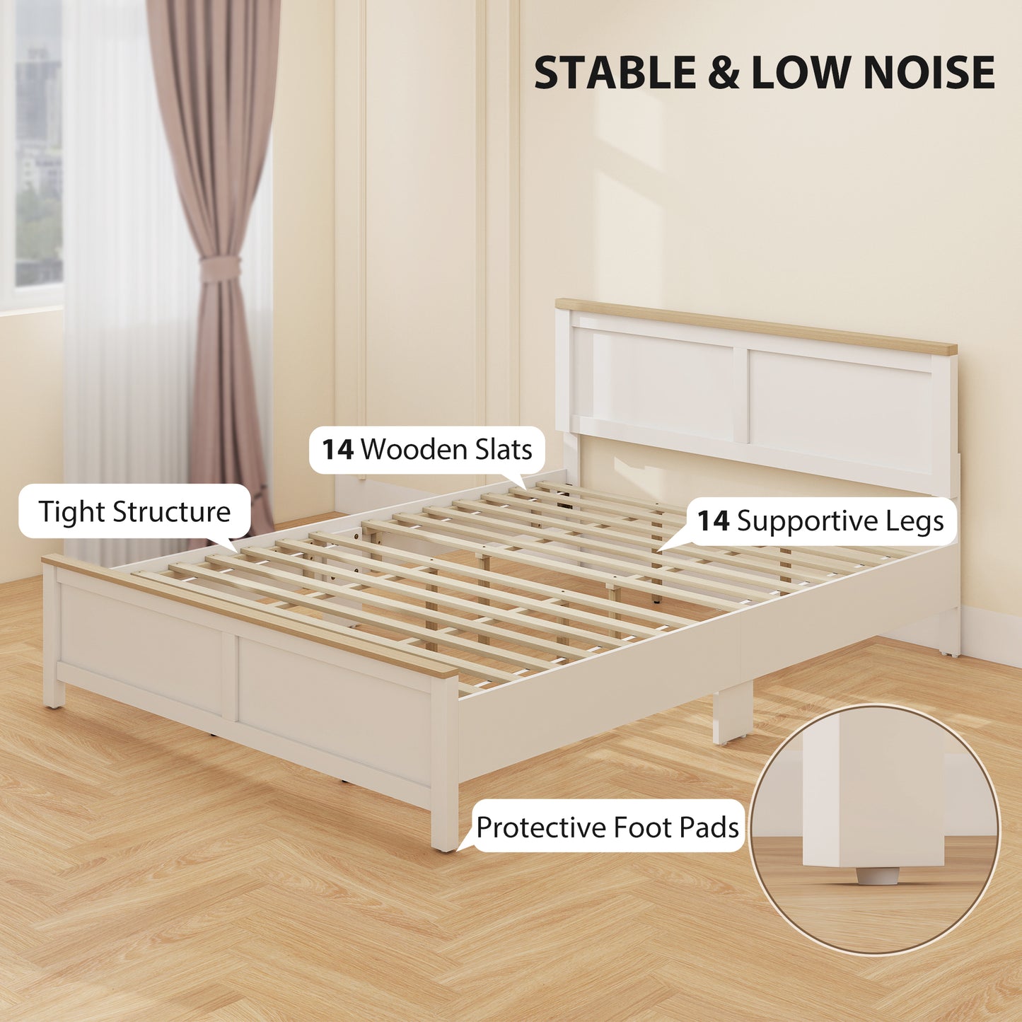 Queen Bed Frame with Headboard, Modern Platform Bed Frame with Wooden Slats, No Box Spring Needed, Easy Assembly, White