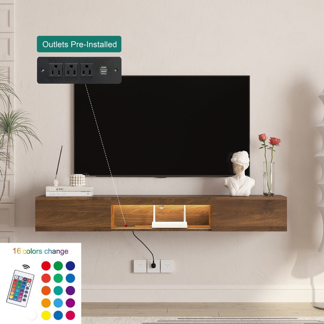 Floating TV Stand Wall Mounted With 16 Color LEDs,63 Modern TV Stand,Floating TV Cabinet Entertainment Center For 55 60 65 Inch TV