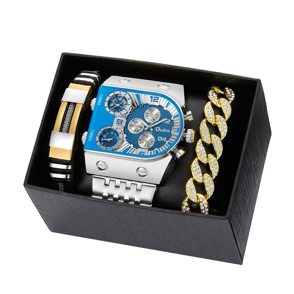 Multi-timezone Large-dial Luminous Men's Watch With Steel Strapcasual Cross-border Quartz Wristwatch