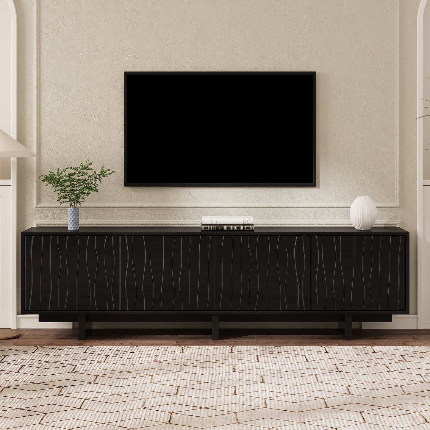 Retro Style Wood Grain TV Stand With Wavy Door Design For TVs Up To 75, Rustic Media Console With Ample Storage Space, Sturdy Base TV Cabinet With Cable Management For Living Room, Bedroom, Black