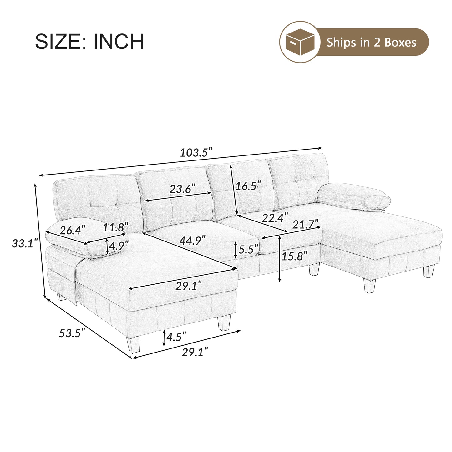 U-shaped Sectional Sofa 103.5 Chenille Fabric Couch With Dual Chaise Lounges, Storage Pockets And Armrest Pillows For Living Room, Grey