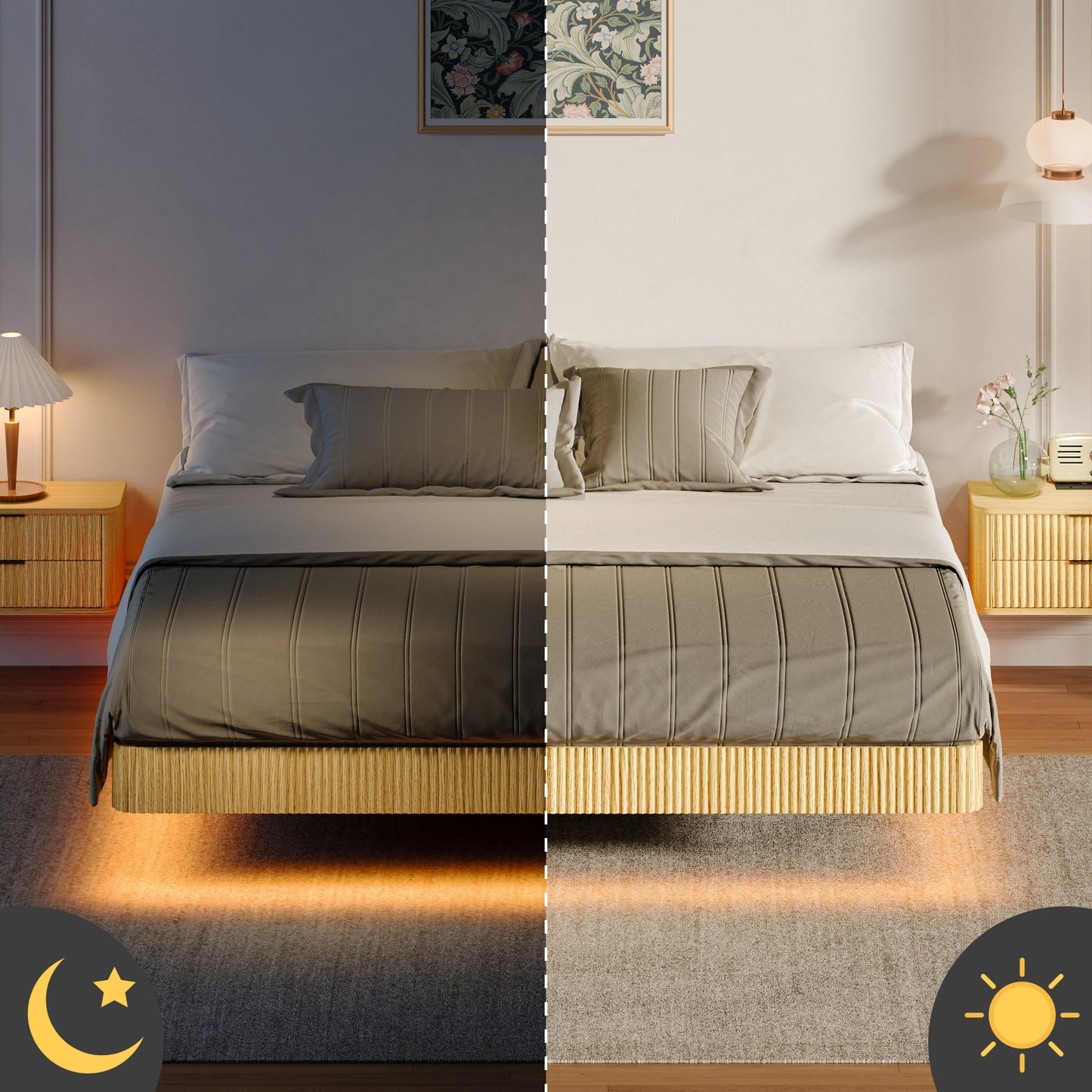 Oak King Floating Bed Frame With LED Lights, Wave Curve Wood Texture Bed With Heavy Duty Metal Slats - No Box Spring Needed.