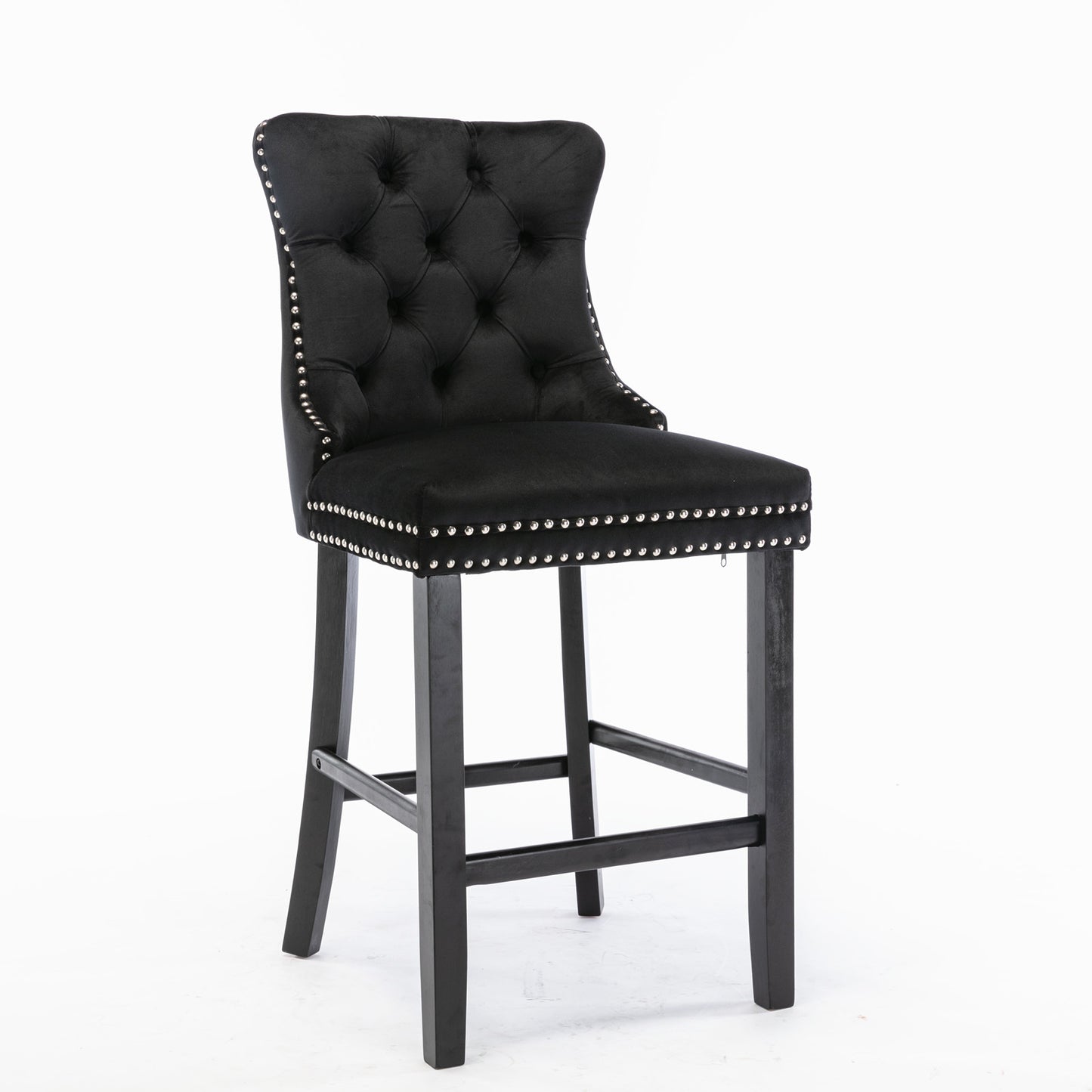 Contemporary Velvet Upholstered Barstools With Button Tufted Decoration And Wooden Legs, And Chrome Nailhead Trim, Leisure Style Bar Chairs,Bar Stools, Set Of 2 Black,SW2002BK