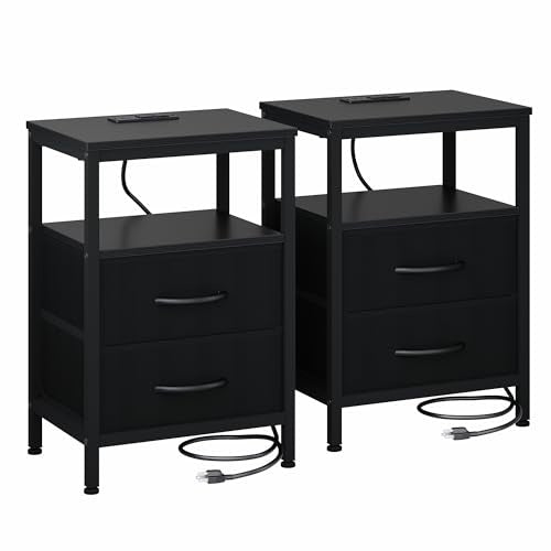 A Small Bedside Table With A Charging Station And Two Fabric Drawers, And A Side Bedside Table