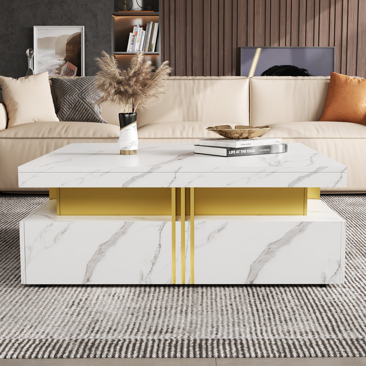Modern White Square Storage Coffee Table With 4 Drawers